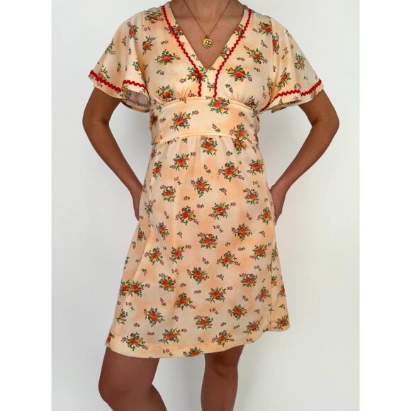 70s vintage handmade pink orange floral print cute coquette midi summer dress - Picture 2 of 9